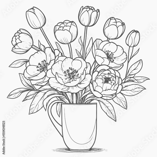 Minimal floral bouquet line art, tulips, peonies, and foliage in fine black outline, isolated on white 