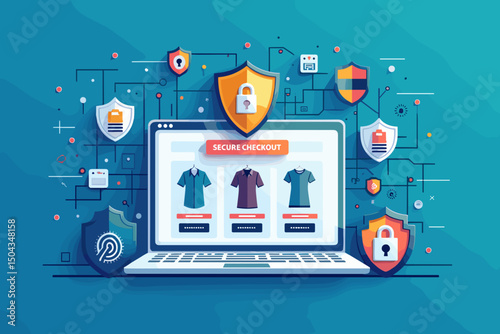Secure online shopping checkout process on a laptop, digital security theme, modern illustration