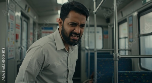 Disgust on Public Transportation: A Reaction to Body Odor - Man expressing disgust and discomfort due to unpleasant body odor on a crowded train. Symbols: grimace, wrinkled nose, aversion photo