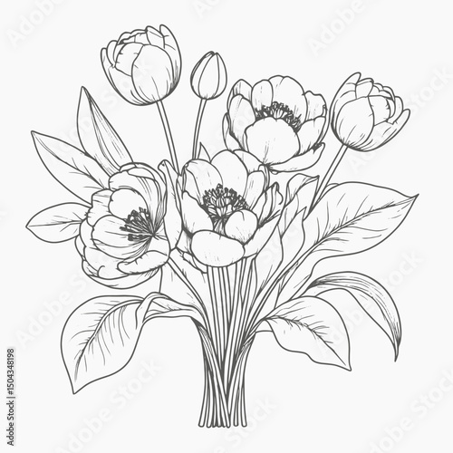 Minimal floral bouquet line art, tulips, peonies, and foliage in fine black outline, isolated on white 