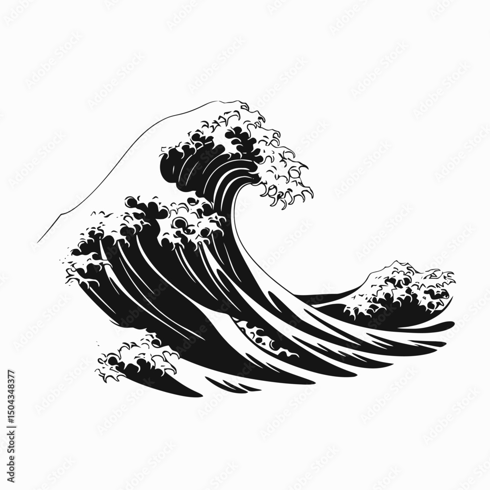 Fototapeta premium Wave ocean sea water nature art drawing illustration tsunami japanese black white design graphic style ink