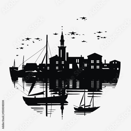 Cityscape harbor silhouette boats reflection water stars night skyline architecture building town vector