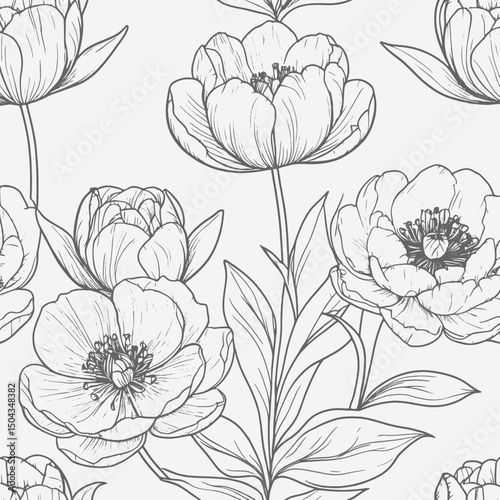 Minimal floral bouquet line art, tulips, peonies, and foliage in fine black outline, isolated on white 