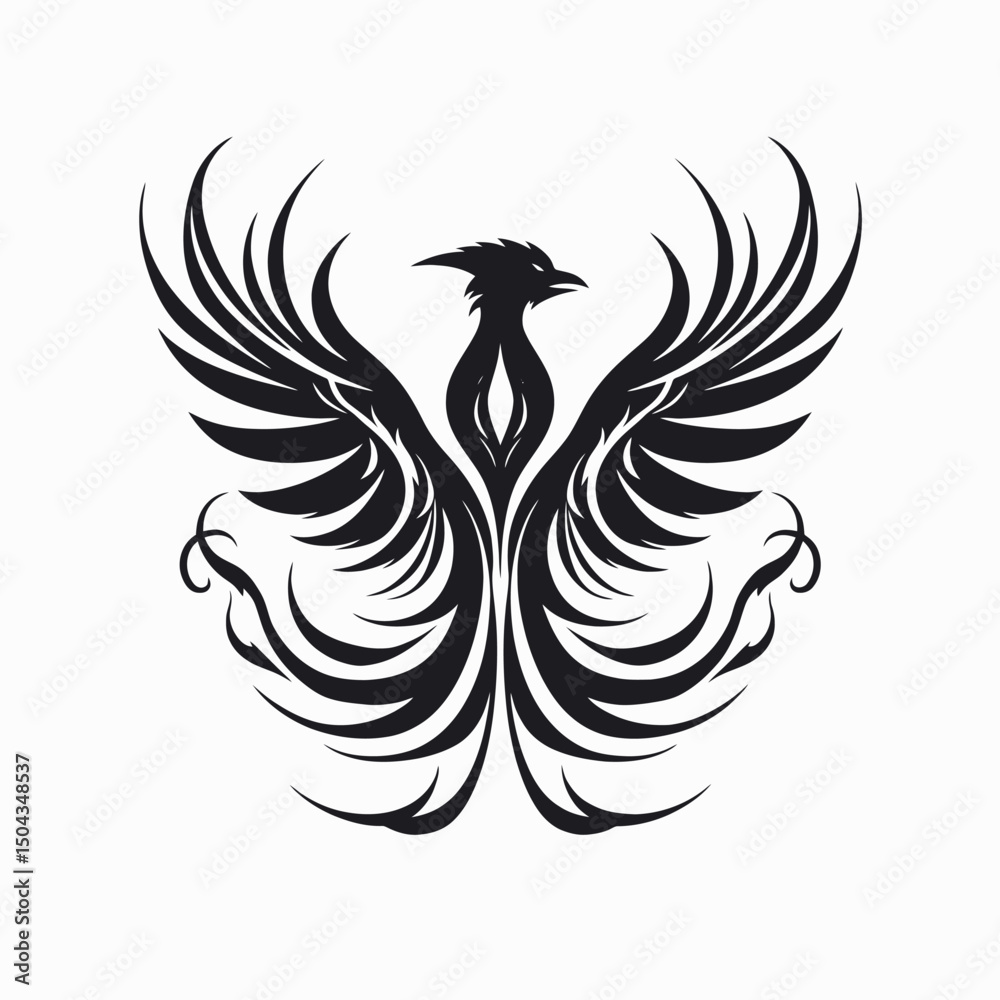 Fototapeta premium Phoenix bird tattoo design black and white art wings mythical creature rebirth fire symbol logo illustration graphic