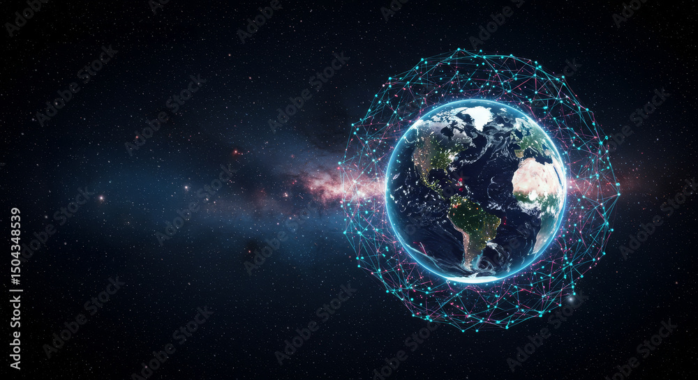 Fototapeta premium Earth Network Connection: Futuristic Technology Background - Global network, data visualization, space exploration, future, technological advancement. Symbolizing connection, innovation, exploration