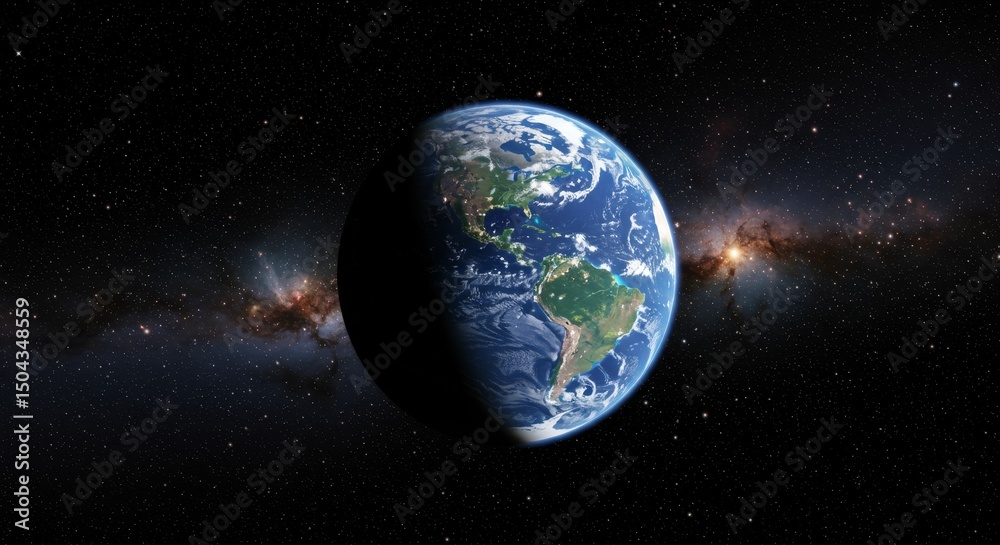 Fototapeta premium Earth's Gentle Embrace: A Cosmic View - Our planet Earth, a sphere of life, floating in the vastness of space, surrounded by twinkling stars and a majestic galaxy, symbolizing life, wonder