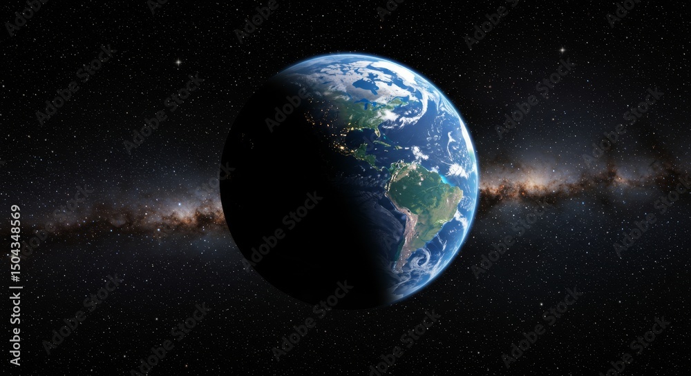Fototapeta premium Earth's Nightside and the Milky Way - A detailed illustration of planet Earth, partially illuminated