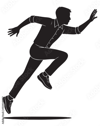 Silhouette of a man leaping forward with one arm outstretched like reaching for something, running man silhouette