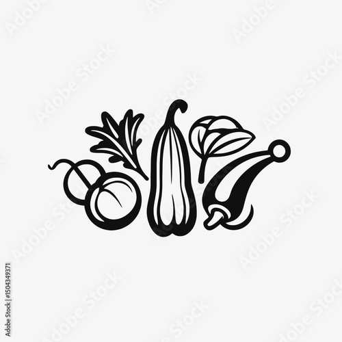 Black vegetables pumpkin leaf acorn squash pepper plant food healthy organic botanical autumn harvest design