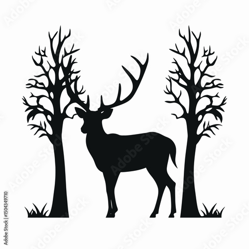 Deer silhouette stag reindeer antlers forest trees wildlife nature animal mammal woodland graphic vector art