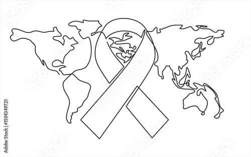 Single one line drawing ribbon with world map background. Continuous line design graphic illustration. Editable stroke.