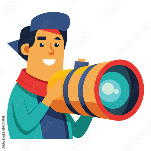 Enthusiastic Photographer with a Big Camera Lens Capturing Stunning Shots