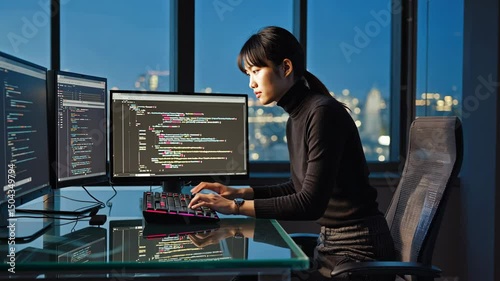 Software developer writing code on laptop and computer keyboard looking at multiple screens. motion video.