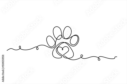 Drawing of a dog or cat paw print with a heart inside in one continuous line. Paw print design. Concept of love for animals. Editable stroke.
