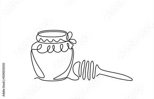 Continuous one line drawing of honey jar. One line drawing illustration of honey glass jar. Sweet pure honey concept single line. Editable outline	