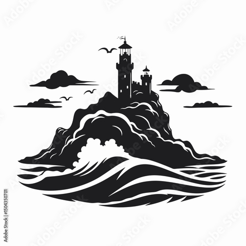 Lighthouse ocean sea waves island birds clouds black white vector illustration graphic design art print