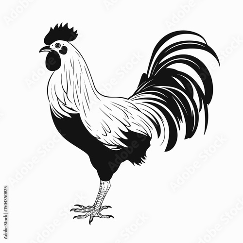Rooster chicken fowl bird farm animal poultry cock crest feathers tail black white illustration drawing art