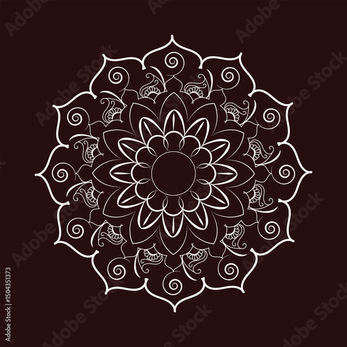 Intricate White Mandala Design Against Dark Red Background Featuring Geometric and Floral Elements