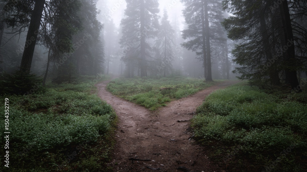 Obraz premium A path splitting in two inside a foggy forest, representing choices and inner guidance 