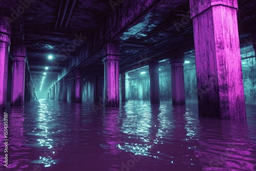 Submerged Metropolis: Neon Reflections in an Underwater Structure