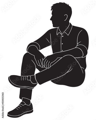 Silhouette of a man sitting with one foot resting on the opposite knee and arms resting casually, resting man silhouette