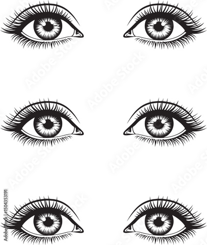 Vector set of silhouette female eyes on white background. 