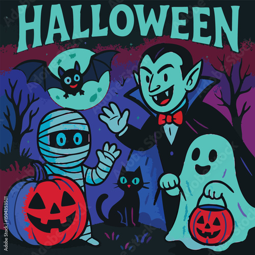 Halloween Haunt Ghost Dracula Mummy Pumpkin Print Design in Vector