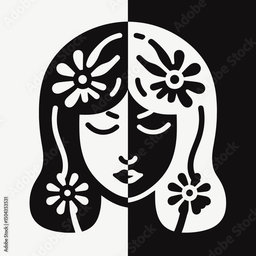 Floral girl portrait in black and white 