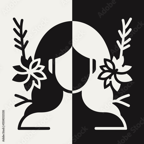 Floral female portrait in black and white contrast