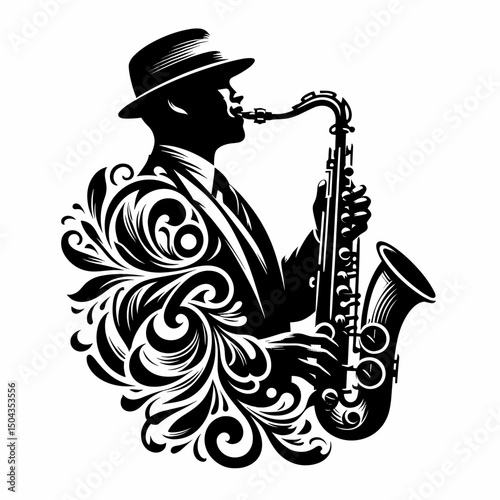 Jazz musician playing saxophone in vector style