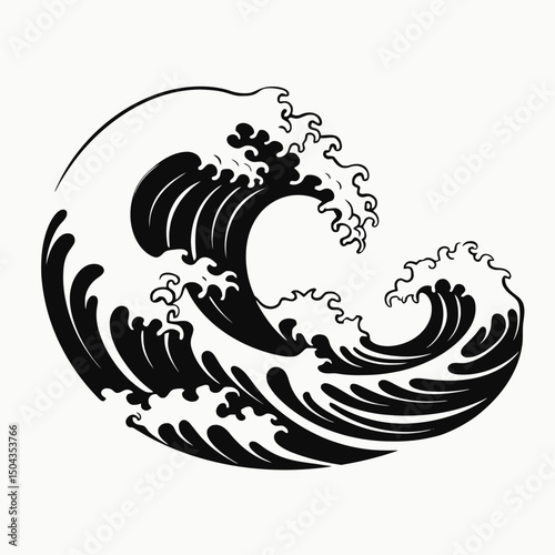 Great wave ocean sea water tsunami japanese art black white illustration design graphic drawing nature