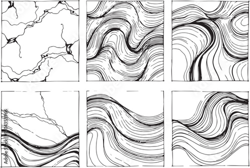 Set of Abstract compositions with smooth lines reminiscent of generative patterns . Emphasis on tactile textures. Hand drawn vector illustration	
