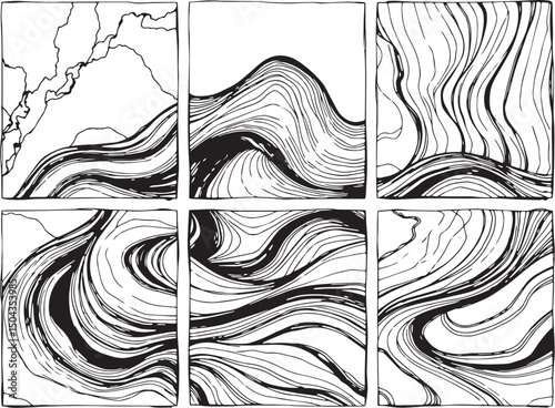 Set of Abstract compositions with smooth lines reminiscent of generative patterns . Emphasis on tactile textures. Hand drawn vector illustration	