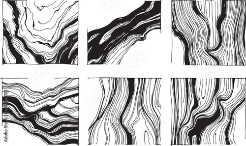 Set of Abstract compositions with smooth lines reminiscent of generative patterns . Emphasis on tactile textures. Hand drawn vector illustration	