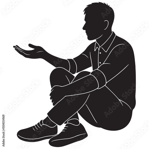 Silhouette of a man sitting with both hands extended forward as if offering something