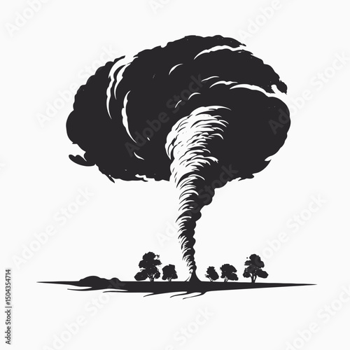 Tornado storm disaster weather nature danger funnel cloud wind destruction black and white illustration