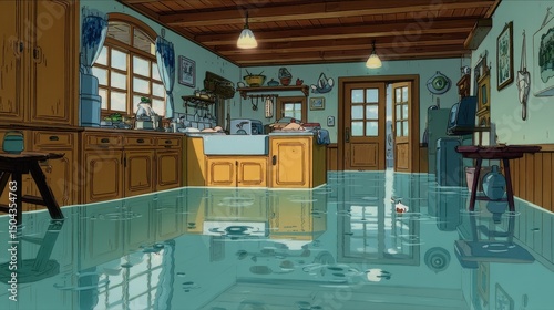 Flooded Rustic Kitchen Interior