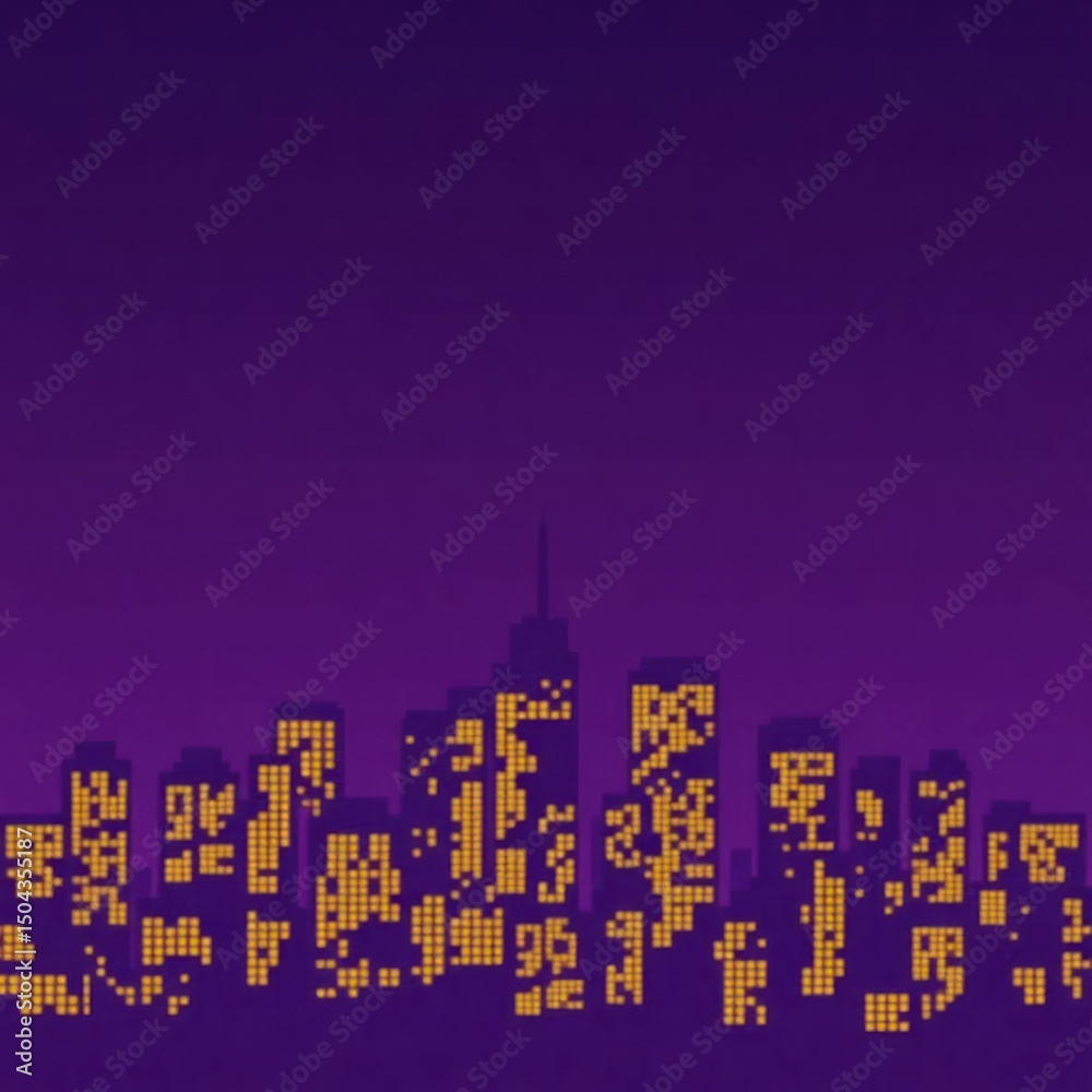 Naklejka premium Pixelated cityscape at dusk illuminated windows glow