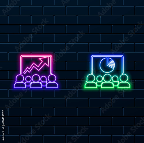 neon icon.business presentation, training room, teaching room. data analysis chart. neon style.