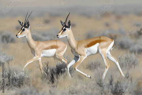 Two Brown Antelopes Running in a Dry Grassland