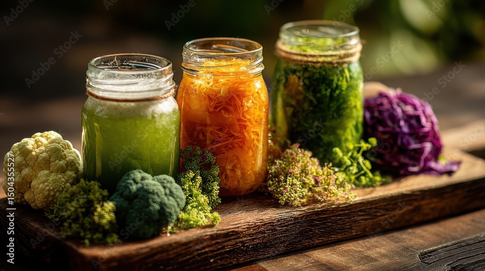 Colorful Natural Probiotic Food Setup on Rustic Wooden Board with Three Glass Jars Supporting Digestive Health and Culinary Exploration Colorful Natural Probiotic Food Setup on Rustic Wooden Board with Three Glass Jars Supporting Digestive Health and Culinary Exploration