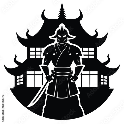 Silhouette of a Samurai Warrior Standing Before a Pagoda A Powerful Vector Illustration