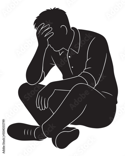 Silhouette of a man sitting slouched with one hand covering his face, stressed man silhouette