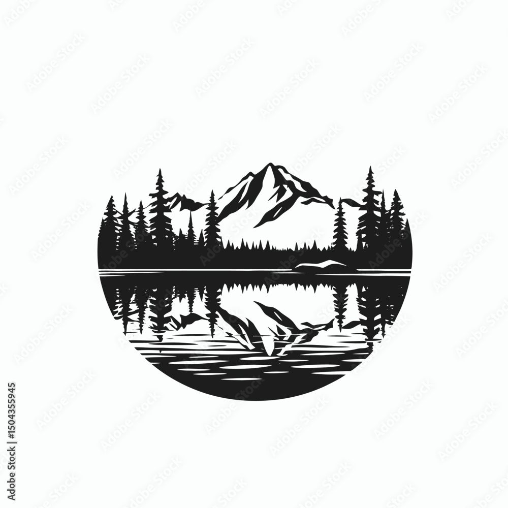 Fototapeta premium Mountain lake reflection landscape nature forest trees scenic outdoors black and white silhouette vector art