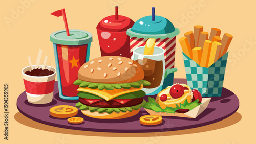 Delicious cartoon fast food set with burger, fries, drinks and dessert on a serving tray with a light background