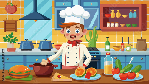 Surprised chef preparing fresh ingredients in a colorful kitchen with fruits, vegetables, cookware and bright decor