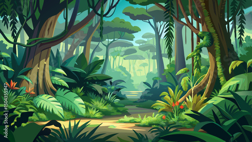 Dense tropical jungle with vibrant green plants, towering trees and a winding forest path in cartoon illustration style