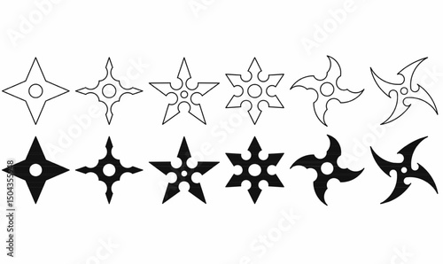 Bild auf Leinwand Ninja star vector set, shuriken icons, weapon silhouettes and outlines, throwing stars for martial arts and game design, sharp edged weapons