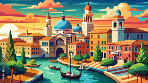 Romantic canal city at sunset with gondolas, colorful buildings, domes and towers in a vibrant cartoon illustration
