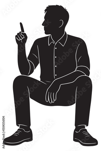 Silhouette of a man sitting with back straight and one finger raised as if making a point, addressing man silhouette